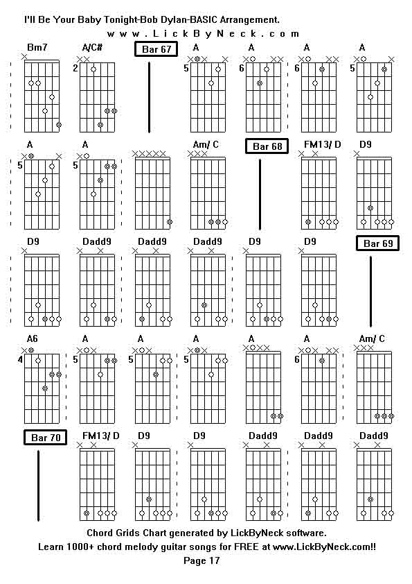 Chord Grids Chart of chord melody fingerstyle guitar song-I'll Be Your Baby Tonight-Bob Dylan-BASIC Arrangement,generated by LickByNeck software.